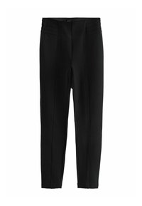Schwarze, hoch taillierte Hose aus dehnbarem Material mit Faltendetails am Taillenbund und schmalem Schnitt. Keine Taschen oder sichtbaren Beschläge.