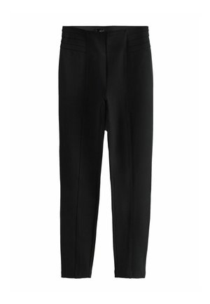 Schwarze, hoch taillierte Hose aus dehnbarem Material mit Faltendetails am Taillenbund und schmalem Schnitt. Keine Taschen oder sichtbaren Beschläge.
