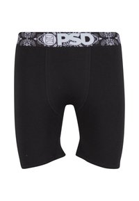 Melni vīriešu bokseršortos ar melnu un baltu paisley rakstu jostu, kurā izceltas baltas burtu "PSD".