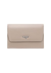 Beige leather wallet with a flap closure, featuring a silver logo detail on the front and stitched edges for added texture.