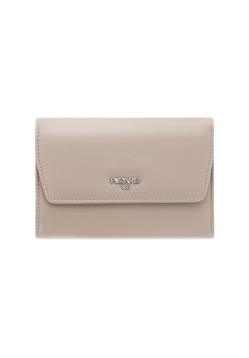 Beige leather wallet with a flap closure, featuring a silver logo detail on the front and stitched edges for added texture.
