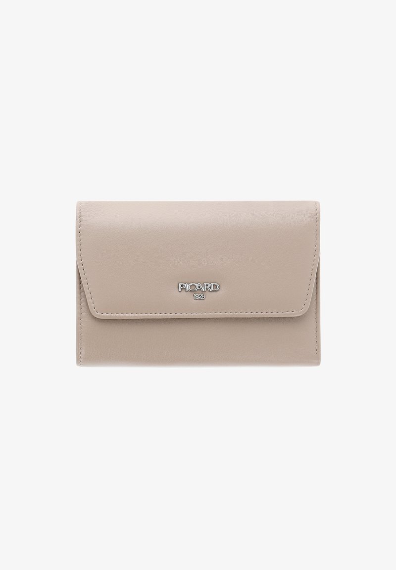 Beige leather wallet with a flap closure, featuring a silver logo detail on the front and stitched edges for added texture.