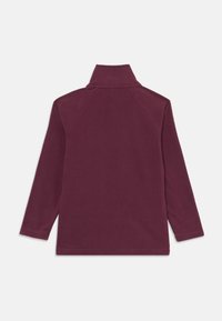 Marl burgunderfarbener Pullover mit langen Ärmeln und hohem Kragen, aus weichem Stoff gefertigt. Glatte Struktur, keine sichtbaren Muster oder metallischen Details.