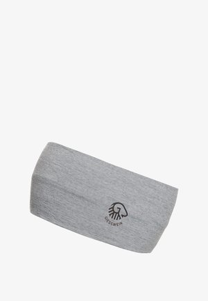 Szary stanik wykonany z miękkiego materiału, z teksturowanym wzorem i nadrukowanym logo po jednej stronie. Prostokątny kształt z zaokrąglonymi brzegami.