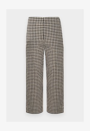 Pantalon taille haute à jambes droites avec motif à carreaux vichy noir et blanc, conçu pour une tenue décontractée ou semi-formelle.