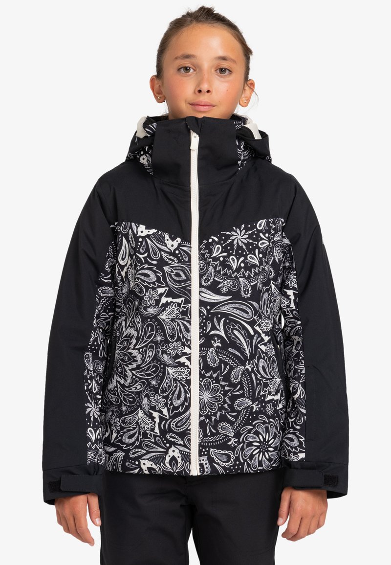 Schwarze und weiße gemusterte Winterjacke mit Reißverschluss, verstellbarem Kapuzen und Klettverschlüssen, ausgestattet mit floralen Designs und einer eleganten Silhouette.