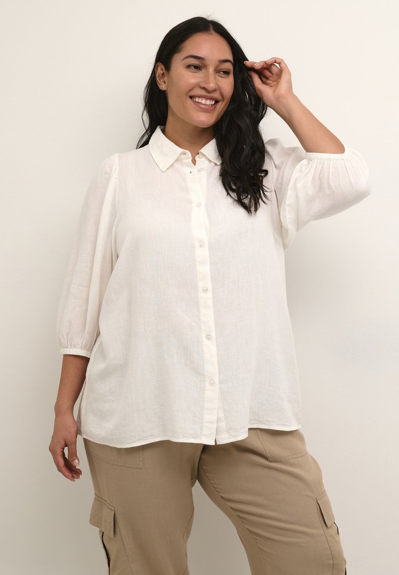 Chemise blanche ample à col, avec des manches ballons. Le tissu semble léger et légèrement texturé.