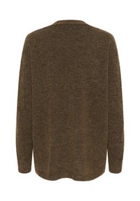 Hnědý svetr s měkkou texturou, dlouhými rukávy a volným střihem. Obsahuje kulatý výstřih a minimalistický design.