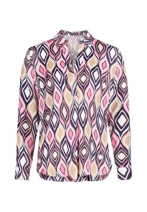 Blouse à manches longues avec col pointu, encolure ouverte, et motif géométrique en losange rose, beige, blanc et marine.