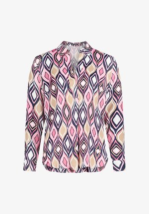 Langärmlige Bluse mit spitzem Kragen, offenem Ausschnitt und geometrischem Rautenmuster in Pink, Beige, Weiß und Marineblau.