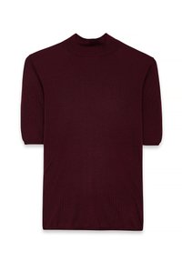 Burgundi lühikeste varrukatega kõrge kaelusega särk, mis on valmistatud siledast, venivast kudumist. Lihtne disain, sobiv siluett ja ribakujuline tekstuur.