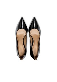 Black patent leather high heels with a pointed toe, nude inner lining, and curved sides for a sleek silhouette.