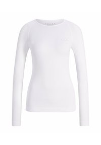 Long-sleeved white top made of smooth fabric, featuring a crew neck, slim fit, and subtle brand logo printed in gray on the chest.