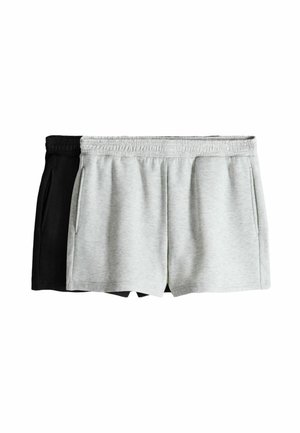 Zwei Paare legere Shorts mit elastischem Bund, ein hellgraues und ein schwarzes, flach liegend mit sichtbaren Seitentaschen dargestellt.