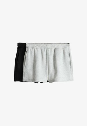 Zwei Paare legere Shorts mit elastischem Bund, ein hellgraues und ein schwarzes, flach liegend mit sichtbaren Seitentaschen dargestellt.