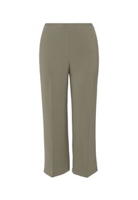 Olivengrüne, weit geschnittene Hose aus einem glatten Stoff, mit einem flachen Bund und seitlichen Nähten, in einem minimalistischen Design.