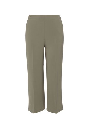 Olijfgroene wijde pantalon van een gladde stof, met een platte tailleband en zijnaad, in een minimalistisch ontwerp.