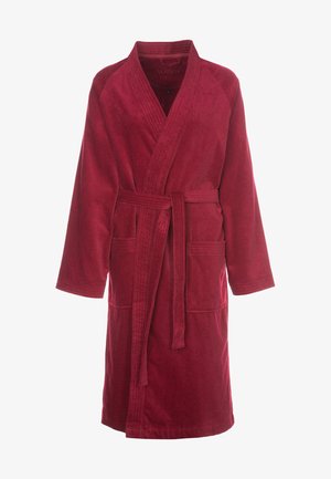 Burgundy bathrobe made of soft material, with a shawl collar, belt tie, two front pockets, and short sleeves. Smooth, textured fabric.
