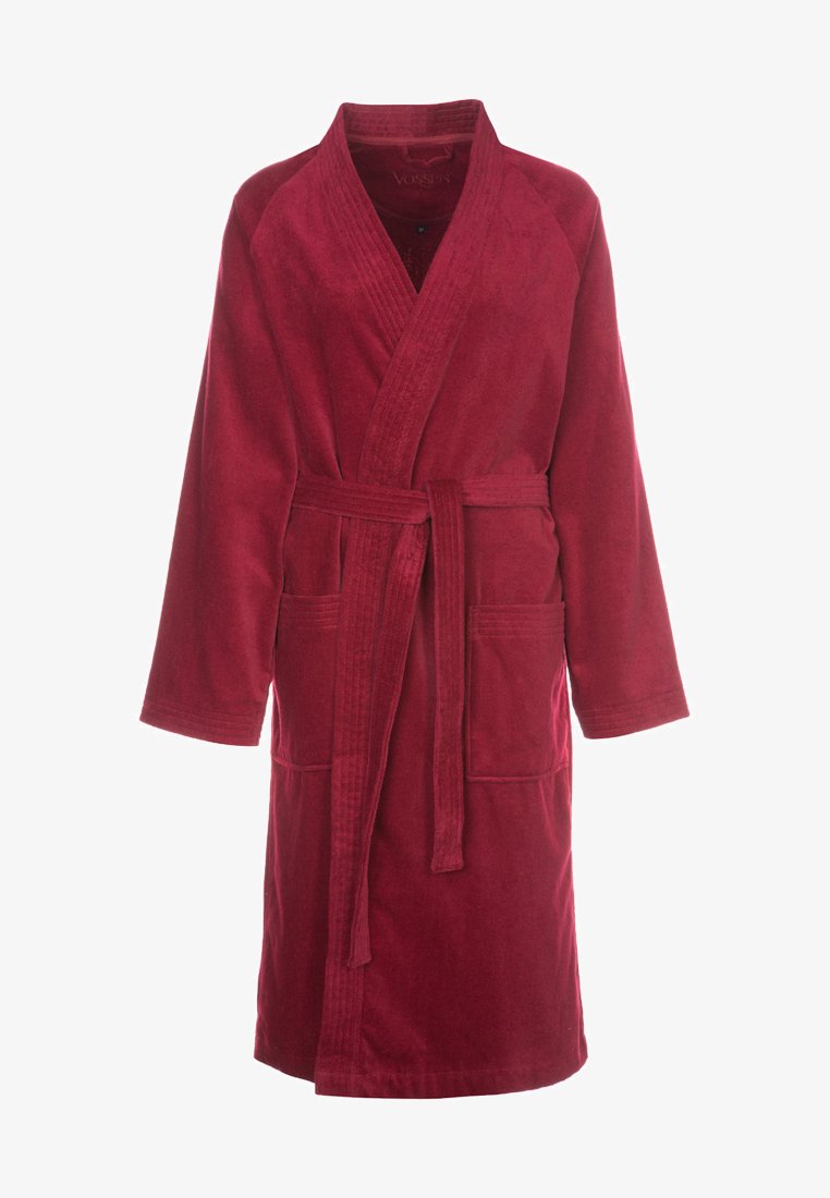 Burgundy bathrobe made of soft material, with a shawl collar, belt tie, two front pockets, and short sleeves. Smooth, textured fabric.