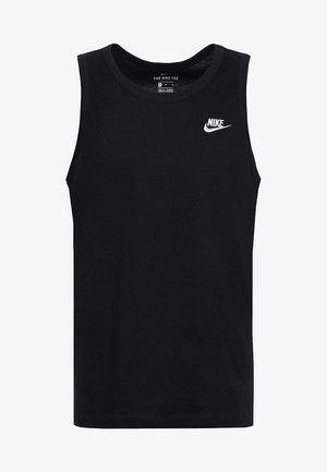 Must mustriga ilma varrukatank, mis on valmistatud puuvillast, ümmarguse kaeluse ja valge Nike logo täisrinnal, sile tekstuur ja juhuslik disain.