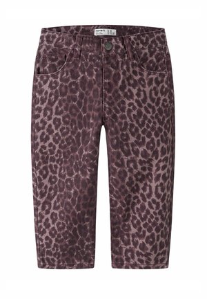 Lapsipuvut suoranlahkeisella violetilla ja mustalla leopardikuvioinnilla, edessä nappi ja vyölenkit.