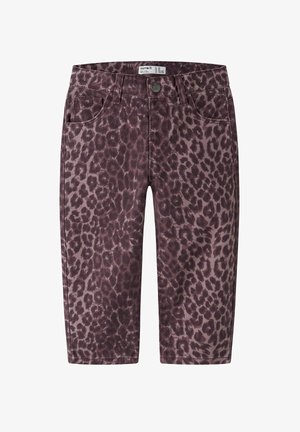 Laste sirge säärega püksid, millel on lilla ja must leopardi muster, ees nööp ja vöökohad.