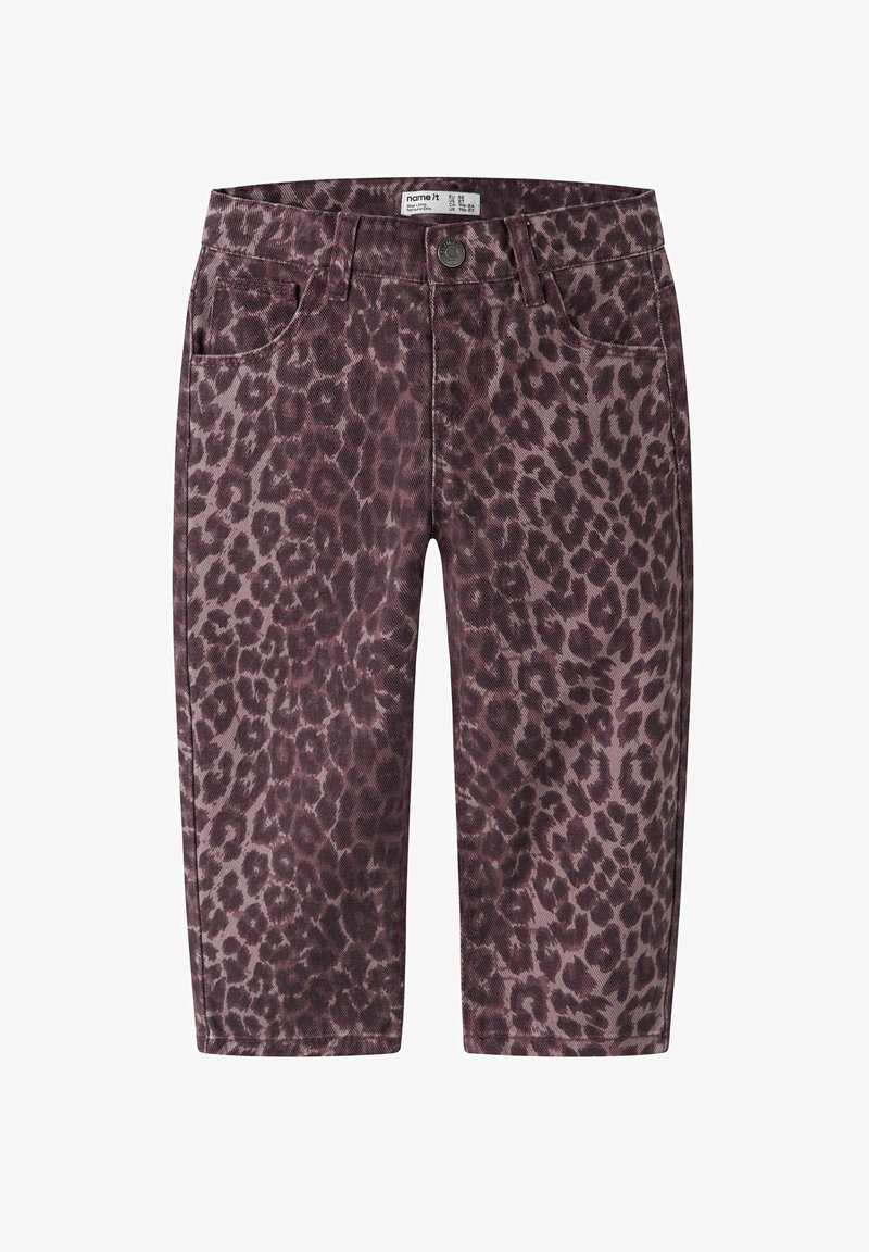 Laste sirge säärega püksid, millel on lilla ja must leopardi muster, ees nööp ja vöökohad.