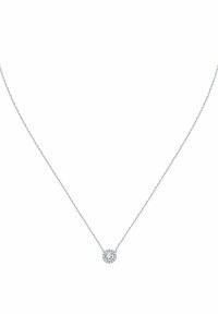 Silberne Kettenhalskette mit einem einzelnen runden Anhänger, der mit einem zentralen klaren Edelstein und kleineren Akzentsteinen umgeben ist.