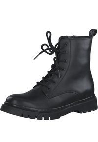 Bottine en cuir noir avec un bout rond, un laçage à l'avant, et une semelle en caoutchouc robuste avec un motif texturé et une languette au talon.