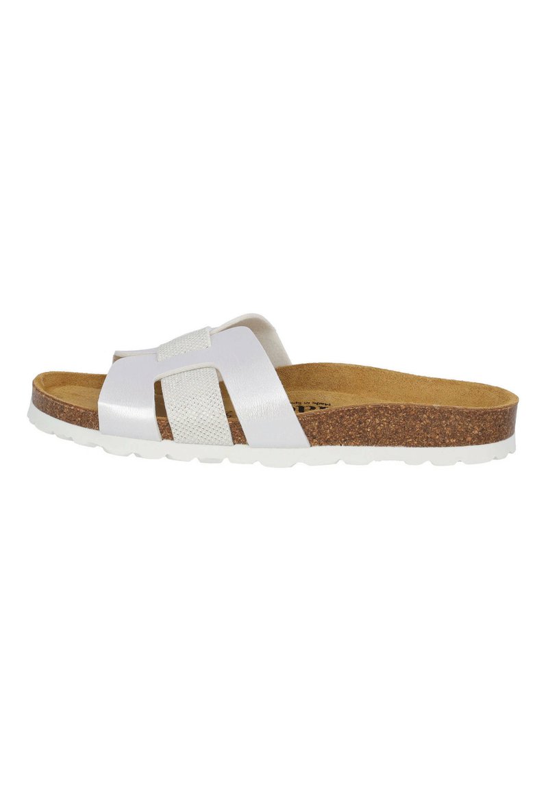 Sandale blanche à glissière avec des brides texturées et une semelle intérieure en liège. Présente une semelle extérieure en caoutchouc légère et un design minimaliste.