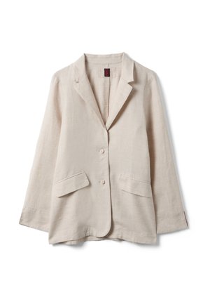 Light beige linen blazer with two front flap pockets, two-button closure, notched lapel collar, and long sleeves.