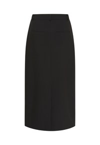 Schwarzer Bleistiftrock mit figurbetontem Schnitt, knielang, glatter Textur und zwei Gesäßtaschen, mit einem dezenten Reißverschlussverschluss.