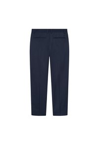 Klassiset tummansiniset tailored-housut, jotka on valmistettu teksturoidusta kankaasta. Housuissa on kaksi takataskua ja suora lahje, sekä vyölenkit vyötäröllä.