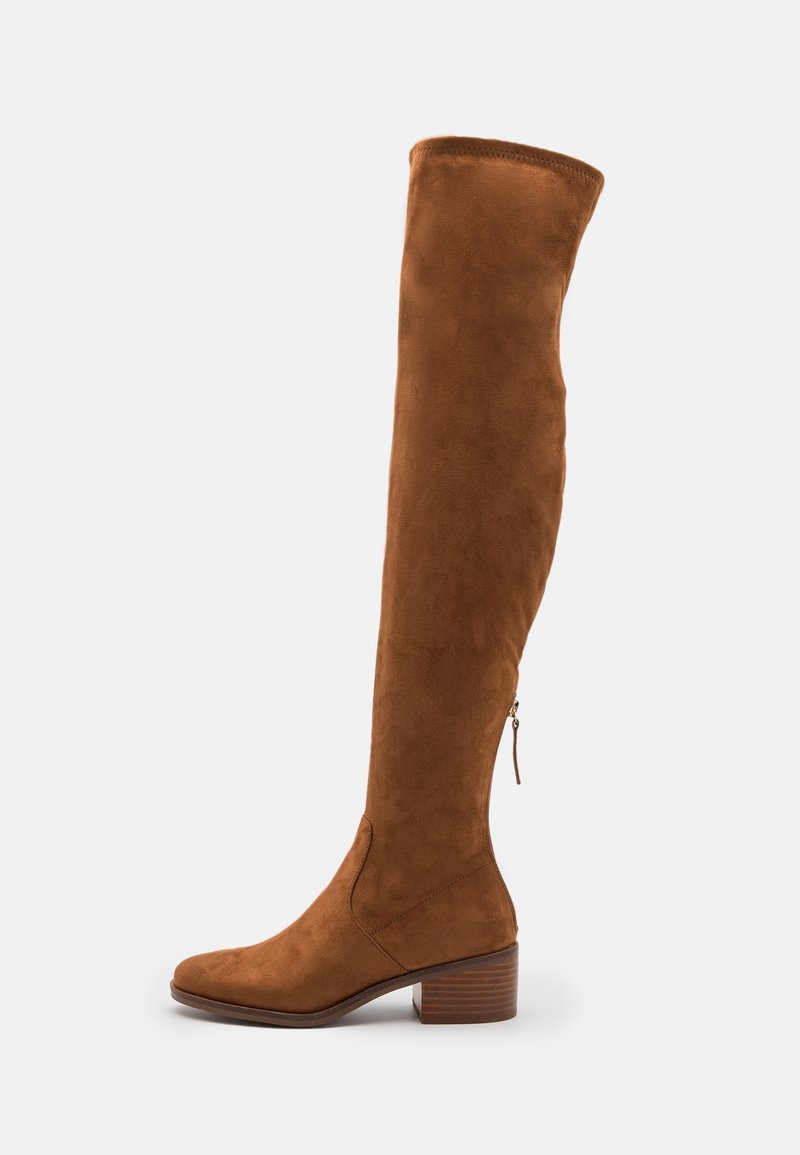 Braune Wildleder-Stiefel über dem Knie mit Blockabsatz, seitlichem Reißverschluss und glatter Textur. Klassisches Design mit abgerundeter Zehenform.