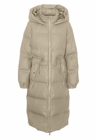 Manteau d'hiver beige long en duvet avec capuche, taille élastiquée et fermeture éclair à l'avant. Présente des poignets élastiqués et une texture lisse et matelassée.