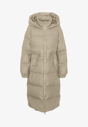 Long beige puffer coat with a hood, drawstring waist, and zippered front. Features elasticated cuffs and smooth, quilted texture.