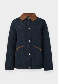 Μπλε ναυτικό καπιτονέ μπουφάν με καφέ γιακά από κορντόροι, χρυσά μεταλλικά στοιχεία και δύο μπροστινές τσέπες με καφέ περιθώρια.