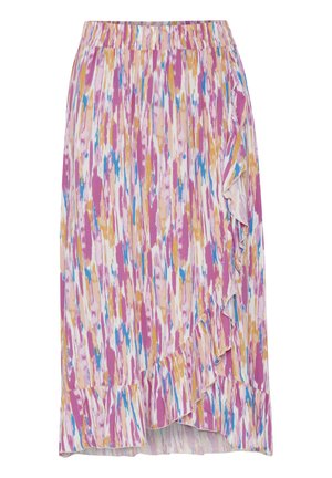 Midi-jurk in een abstract patroon van roze, wit en blauw. Met een geplooide rand en een elastische tailleband voor comfort. Lichtgewicht stof.