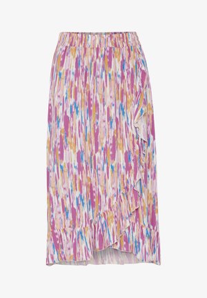 Jupe midi dans un motif abstrait rose, blanc et bleu. Présente un ourlet volanté et une taille élastique pour plus de confort. Tissu léger.