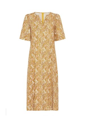 Yellow and pink paisley-patterned dress with short sleeves, a V-neckline, and a knee-length cut. Made of lightweight fabric.