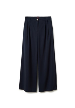 Pantalons larges plissés bleu marine avec une fermeture à bouton et deux poches latérales. Fabriqués en tissu doux avec une texture lisse.