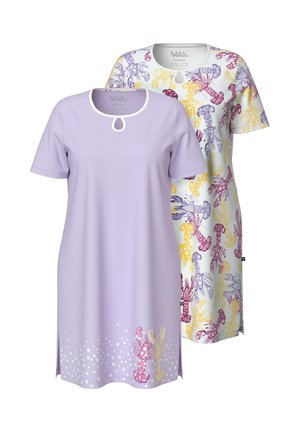 To natkjoler med korte ærmer, den ene ensfarvet lavendel med hummere og polkaprikker, den anden hvid med flerfarvet hummermotiv, begge med nøglehuludskæring.