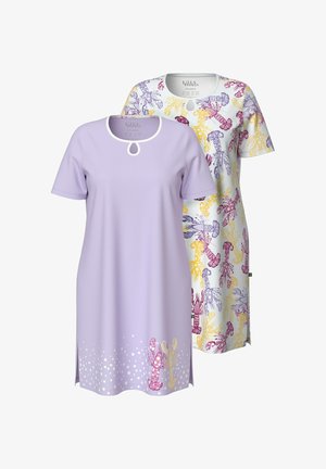 Dos camisones de manga corta, uno lila liso con detalle de langosta y lunares, otro blanco con estampado multicolor de langostas, ambos con escote con abertura en forma de ojo de cerradura.
