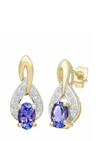 Zlatne naušnice s ovalnim ljubičastim draguljima okruženim malim prozirnim kamenčićima, s dizajnom suze i poliranim završetkom.