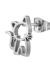 Zilveren oorbel in de vorm van een kat met uitsnijdingen. Gladde textuur en simpele silhouet met puntige oren en een gekrulde staart.