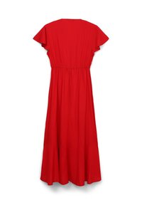 Rotes Maxikleid mit schwingenden Ärmeln, gerafftem Taillenbereich und fließendem Rock. Hergestellt aus weichem Stoff, mit glatter Textur und Design in Midikleid-Länge.
