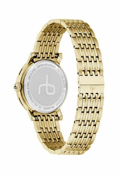 Ceas de mână din oțel inoxidabil auriu cu brățară legată și spate închis care afișează logo-ul brandului și inscripții tehnice.