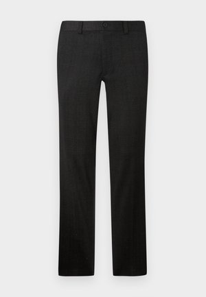 Pantalons noirs ajustés en tissu texturé, dotés d'une coupe droite, d'une fermeture éclair frontale et d'une fermeture à bouton.