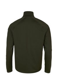 Giacca lunga verde scuro con maniche lunghe e colletto alto, caratterizzata da cuciture piatte, una texture liscia e un design aderente.
