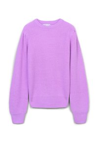 Maglione lavorato a maglia di colore viola con un motivo testurizzato, colletto rotondo e polsini a costine. Fit basic e rilassato con una lunghezza cropped.